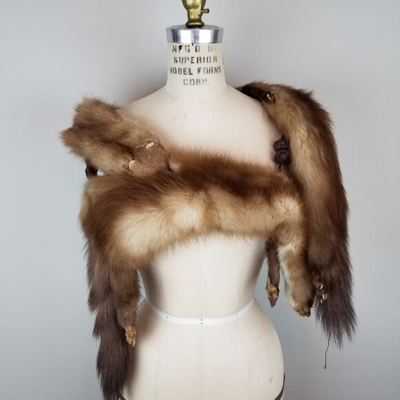 Vintage 1930's Full Mink Fur 3 Pelt Stole Scarf with Heads, Tails & Feet - Picture 10 of 12